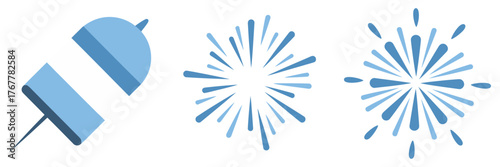 Blue country color fireworks, party cracker and spark bursts, holiday celebration icons, minimalist style, vector illustration