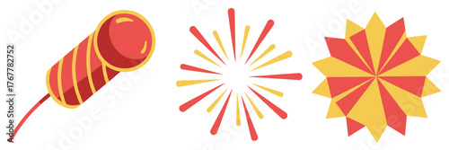 Firework rocket and starbursts, red yellow palette, festive celebration graphics, patriotic theme, holiday party decor, vector illustration