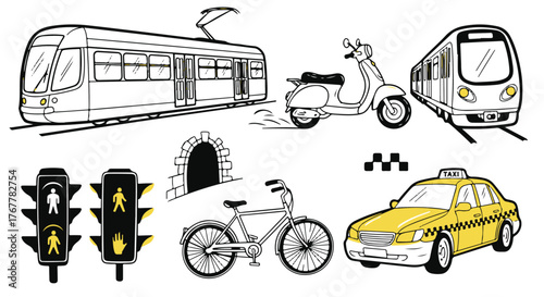 Sketch of public transportation vehicles and traffic signals a black silhouette