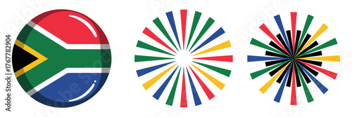 South Africa theme colors, flag sphere icon, rainbow fireworks bursts, national celebration graphics, independence festival concept, vector