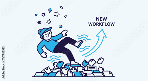 Person stepping forward over paperwork with a flowing arrow a graphic silhouette