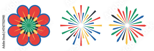 Colorful flower rosette with radial starburst companions, national color palette fireworks, festive celebration design, bright vector illustration