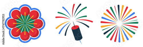 Multicolor flower firework, black fountain launcher, radial rainbow burst, festive celebration elements, carnival party theme, vector