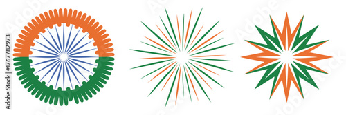 Tri color pinwheel starbursts, sharp pointed rosette shapes, national palette fireworks icons, festival celebration graphic, clean vector set