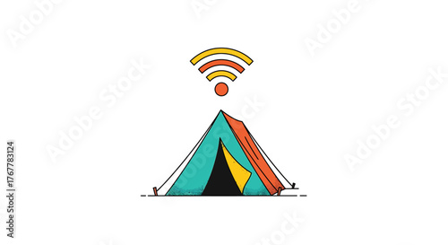 AI vector illustration Camping tent with Wi-Fi signal, symbolizing remote outdoor digital connectivity