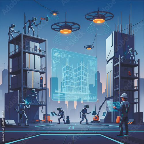 Futuristic city construction scene with robots, drones, and holographic plans. Concept of AI automation, robotics, and smart building innovation. Vector illustration