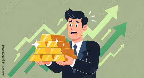 Anxious investor holding a stack of shining gold bars against a backdrop of upward market arrows, symbolizing financial growth, investment strategy, and economic trends