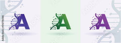 Letter A DNA helix monogram logo biotech genetics medical laboratory science brand identity alphabet
