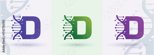 Letter D DNA helix monogram logo biotech genetics medical laboratory science brand identity alphabet
