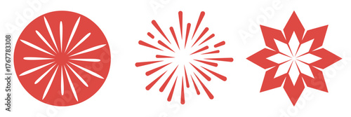 Monochrome red fireworks set, round spark burst, elongated rays explosion, pointed star emblem, holiday celebration vector, isolated background