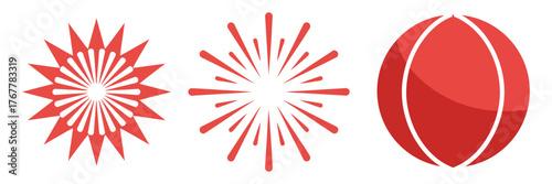 Radiant red star rosette, fine lined burst companion, shiny spherical badge, patriotic fireworks icons set, celebration vector illustration