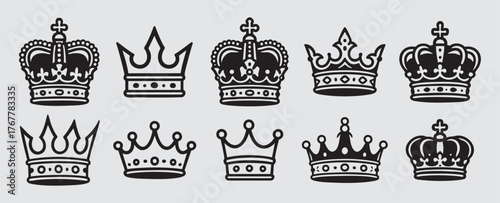 Luxury Royal Crown Vector Set – Elegant Ornate Black Line Crowns for King and Queen Regal Designs