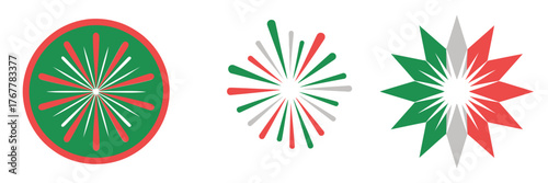 Green and red spark bursts, concentric rosettes, pinwheel star shapes, patriotic holiday design, bright celebratory vector set