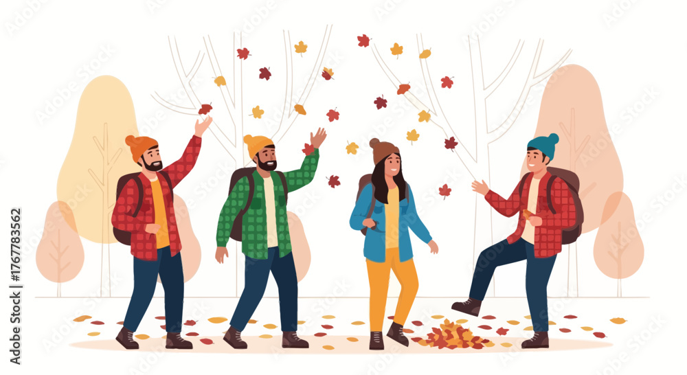 Naklejka premium Joyful Group Of Friends Enjoying Autumn Season Outdoors With Falling Leaves