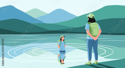 Inspiring Scenic Hiking Adventure Near Tranquil Lake With Vivid Color Mountains View