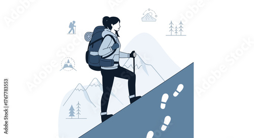 Inspiring Journey: Silhouette Of A Woman Hiking Uphill To Reach Mountain Peaks