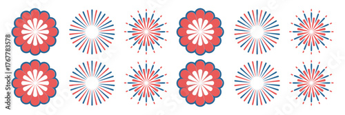 Repeating rosette pattern, red white bursts, seamless festival strip, patriotic confetti effect, celebratory border elements, vector