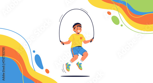 Joyful Boy Skipping Rope with Colorful Background and Dynamic Movement Illustration