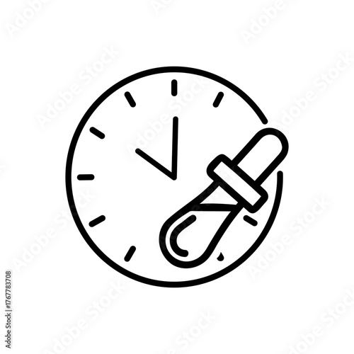 Vector art of line art icon of a clock face with a dropper, representing time and science
