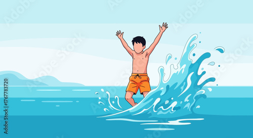 Joyful Boy Splashes in Ocean Water During Summertime, Enjoying the Beach Vacation