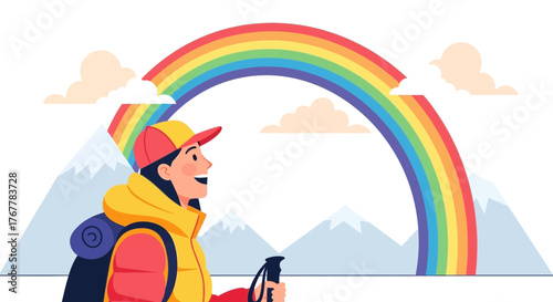Joyful Hiker Gazing At a Colorful Rainbow Over Majestic Mountain Landscape