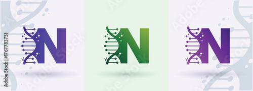 Letter N DNA helix monogram logo biotech genetics medical laboratory science brand identity alphabet
