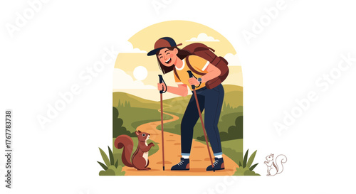 Joyful Hiker Interacting With a Squirrel During a Sunny Day Adventure