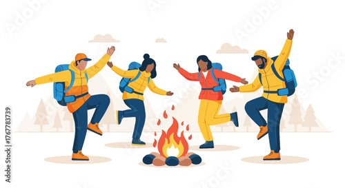 Joyful Campers Celebrating Adventure around campfire with backpacks and arms raised in unison
