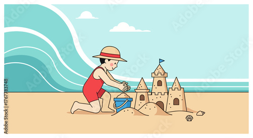 Joyful Child Building Sandcastle On Beach, Summer Fun And Vacation Enjoyment