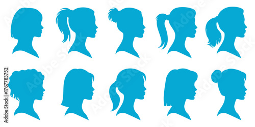 Female cameo head avatar silhouette set, modern hairstyle profiles for character design