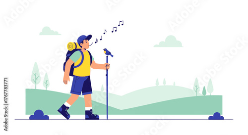 Joyful Hiker Whistles Song, Accompanied by Bird and Nature's Beautiful Landscape