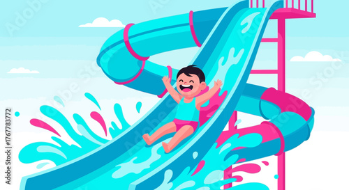 Joyful Child Enjoying Water Slide: A Playful Summer Experience in the Sunshine