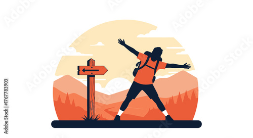 Joyful Silhouette of Hiker Reaching Out Arms in the Midst of a Mountain Adventure Scene