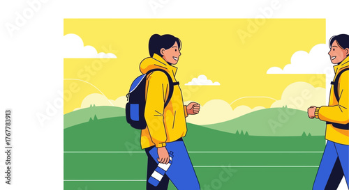 Joyful Strollers Hiking Amidst Lush Landscapes and Sunny Skies, Ready for Adventure