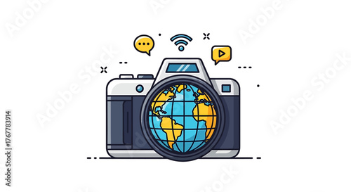 Global Vision A Vector Illustration of a Camera with AI Enhanced Earth Image