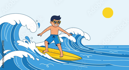 Joyful Surfer Rides a Yellow Surfboard Amidst Majestic Ocean Waves and a Warm Sun