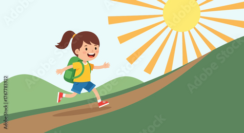 Joyful Girl Exploring The Outdoors with A Backpack Under The Summer Sunshine