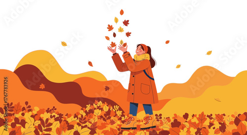 Joyful Girl Playing In A Forest Surrounded By Leafy Foliage On A Beautiful Autumn Day