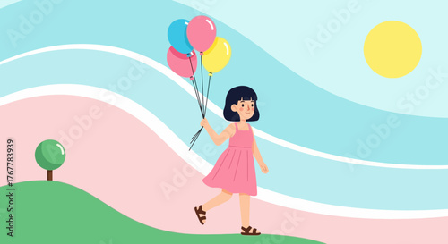 Joyful Girl With Colorful Balloons Enjoying a Beautiful Sunny Day Outdoors
