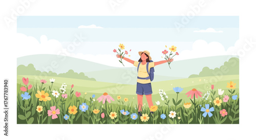 Joyful Woman Exploring Meadow, Gathering Flowers And Celebrating Freedom With Nature