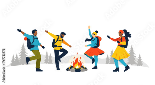 Joyful Group Celebrating Near a Burning Fire While Adventuring Through Wilderness