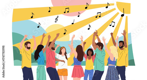 Joyful Group Dancing Outdoors Under Musical Notes and Radiating Sunlight Together