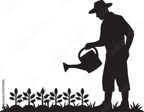 Silhouette of a farmer wearing a hat watering young plants with a watering can gardening