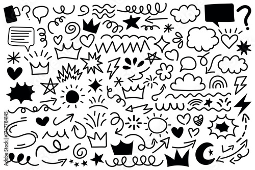 Hand drawn doodle elements, cute sketch icons with arrows stars hearts clouds and comic design shapes for decoration