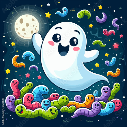 Cartoon illustration of cloth ghost with worms