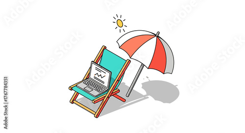 Relaxing Beachfront AI Vector illustration Work Remotely with Laptop Under an Umbrella