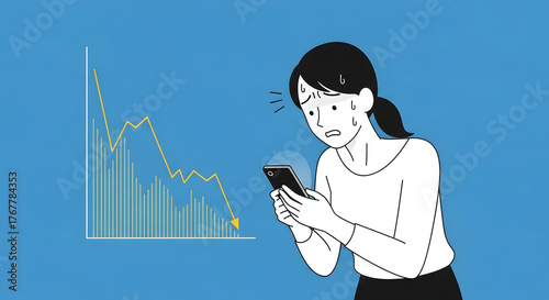 Anxious woman reacts to a severe financial downturn on her smartphone, with a declining graph indicating market collapse, business failure, or economic crisis