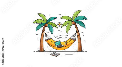 Tropical Vacation with Laptop AI Vector Illustration of Relaxing Palm Tree Hammock Scene