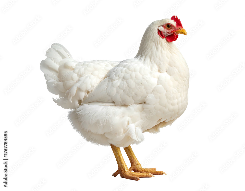Fototapeta premium Cleanly Isolated, a plump, white chicken stands against a stark black background, showcasing its detail