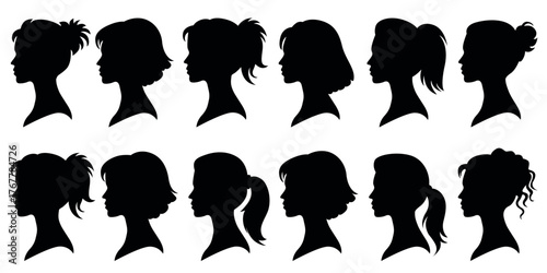 Black women head profile silhouettes, stylish female cameo vector collection